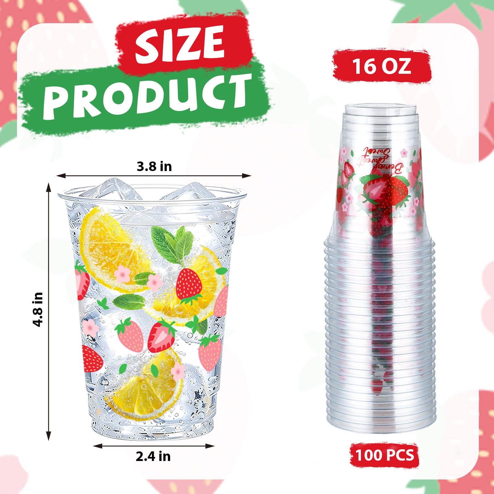 100 Pcs 16 oz Strawberry Plastic Cups - Grencian