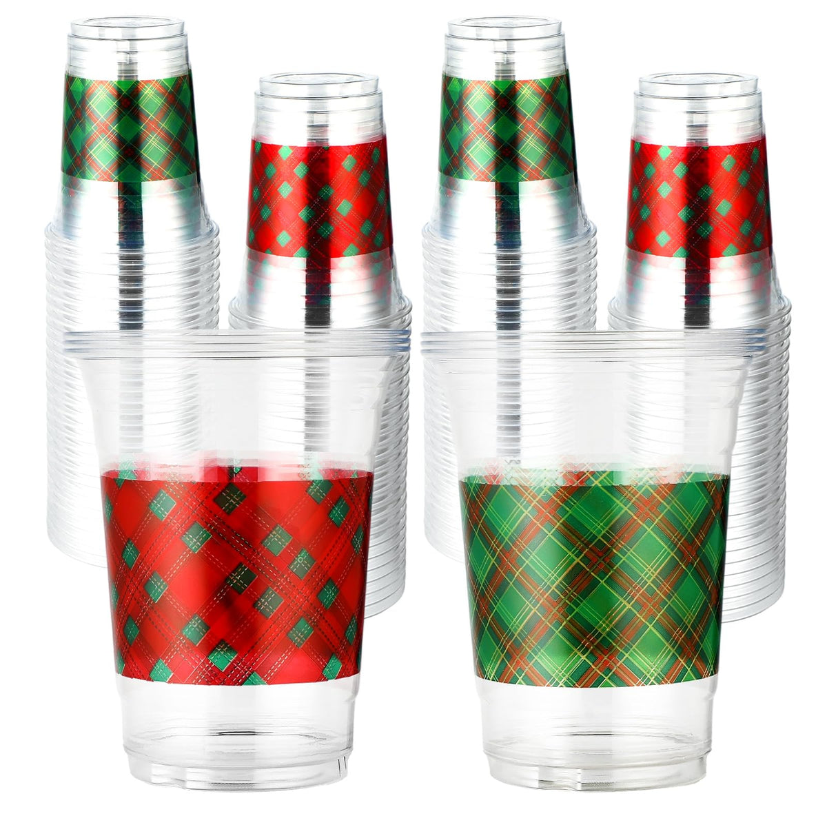 100 Pcs 16 oz Xmas Red Green Plaid Plastic Cups - Grencian