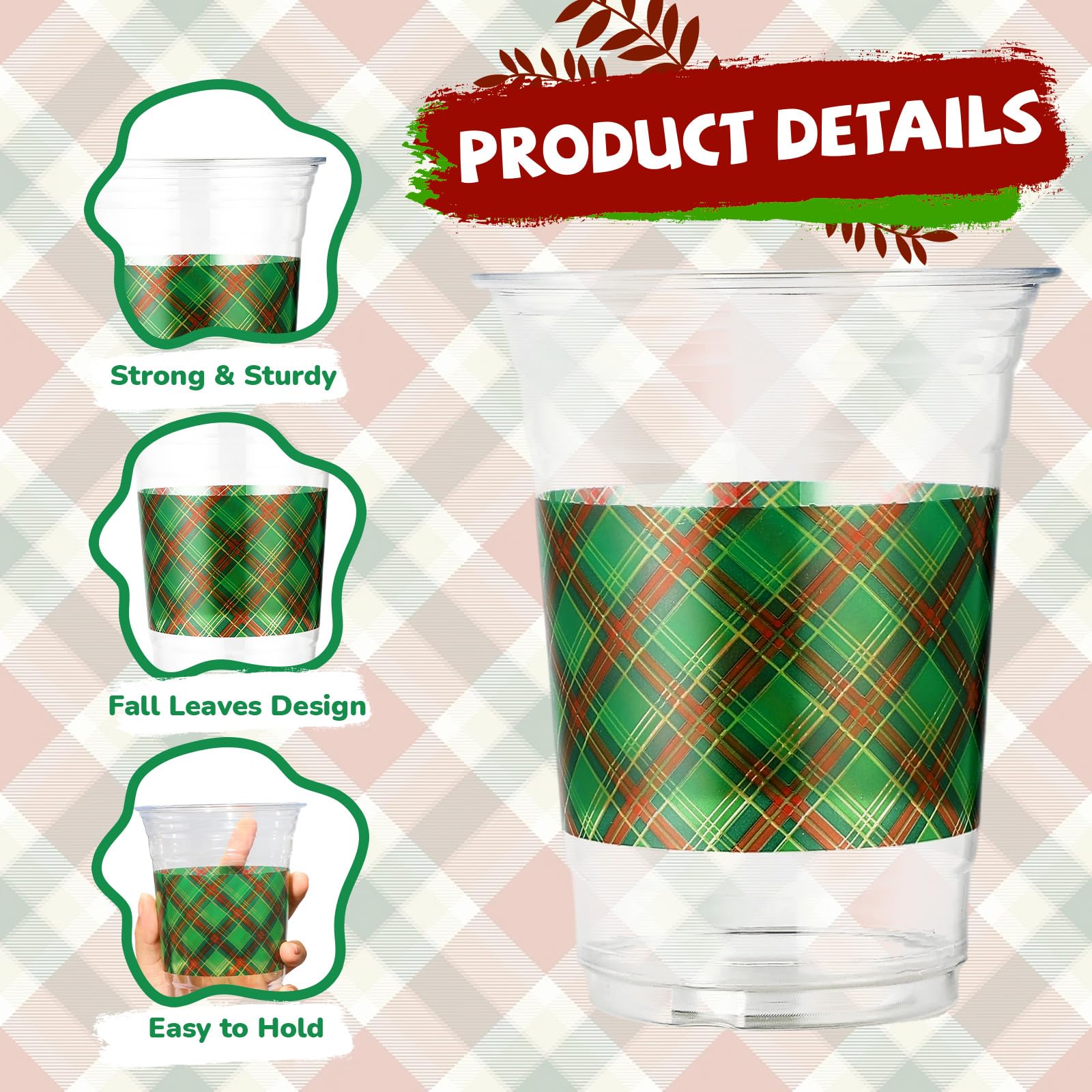 100 Pcs 16 oz Xmas Red Green Plaid Plastic Cups - Grencian