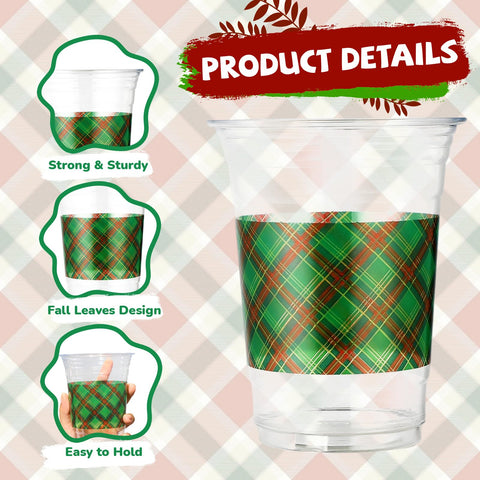 100 Pcs 16 oz Xmas Red Green Plaid Plastic Cups - Grencian