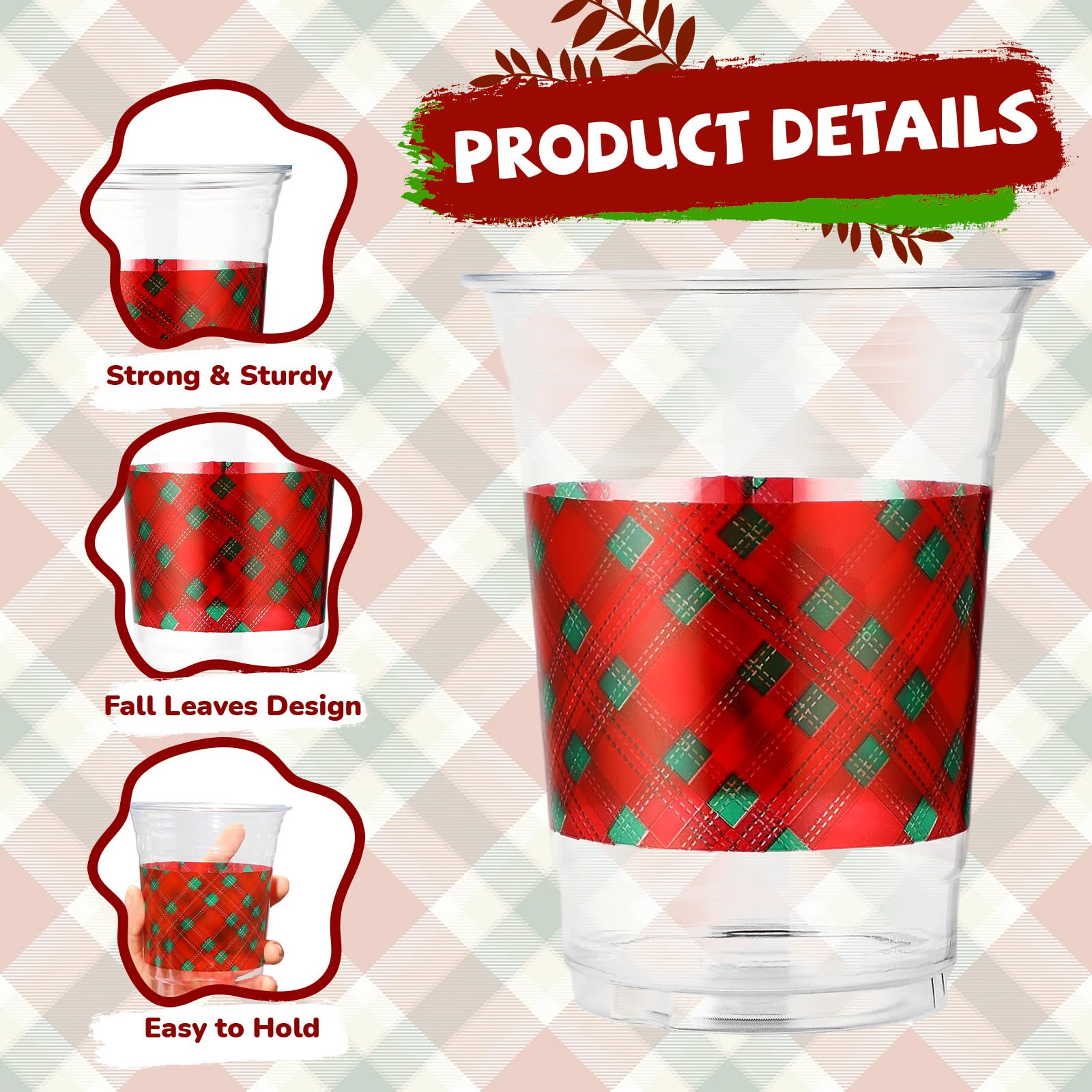 100 Pcs 16 oz Xmas Red Green Plaid Plastic Cups - Grencian