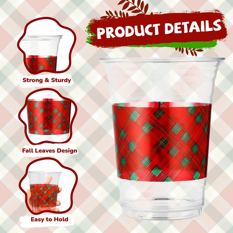 100 Pcs 16 oz Xmas Red Green Plaid Plastic Cups - Grencian