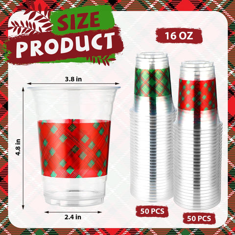 100 Pcs 16 oz Xmas Red Green Plaid Plastic Cups - Grencian