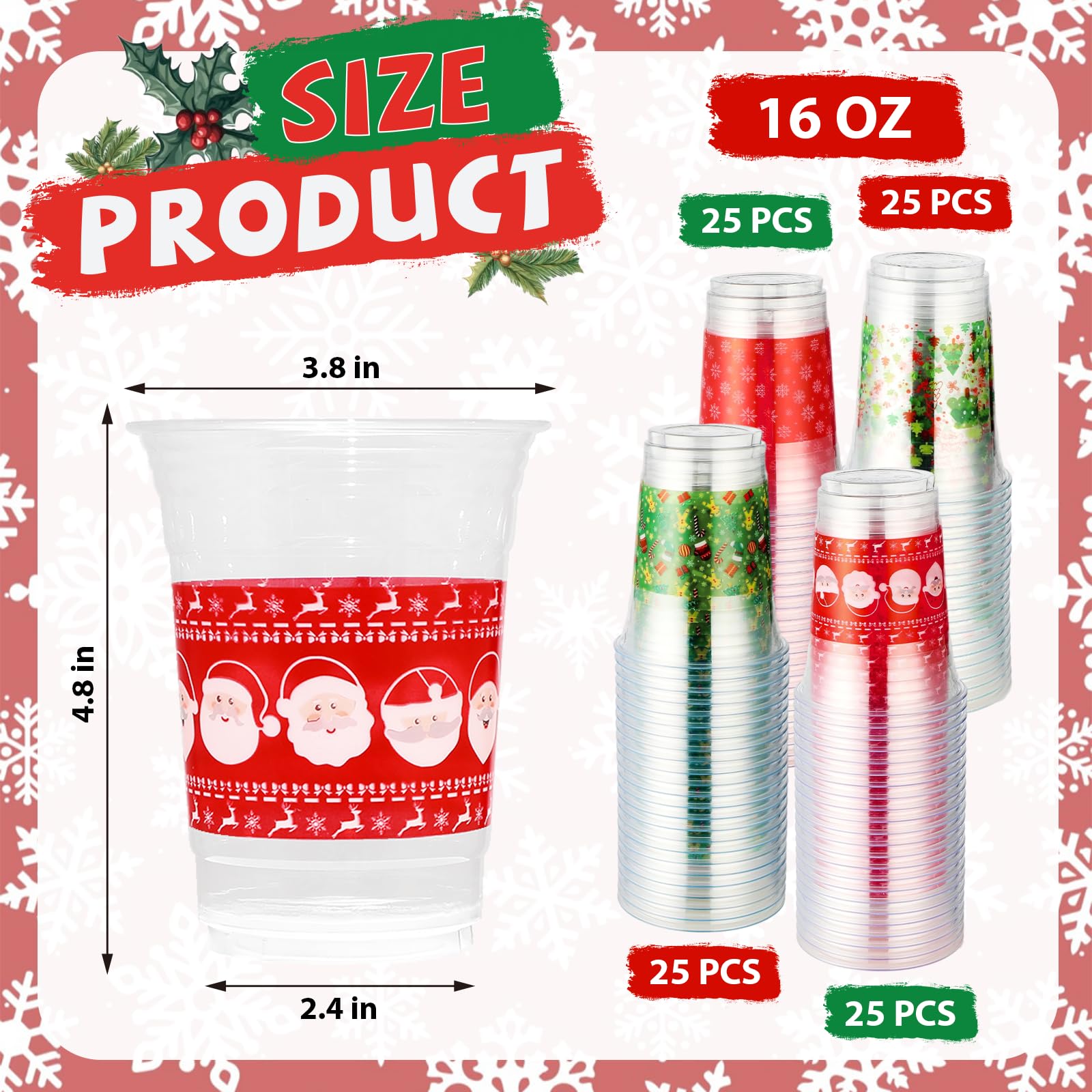100 Pcs 16 oz Xmas Red Green Plastic Cups - Grencian