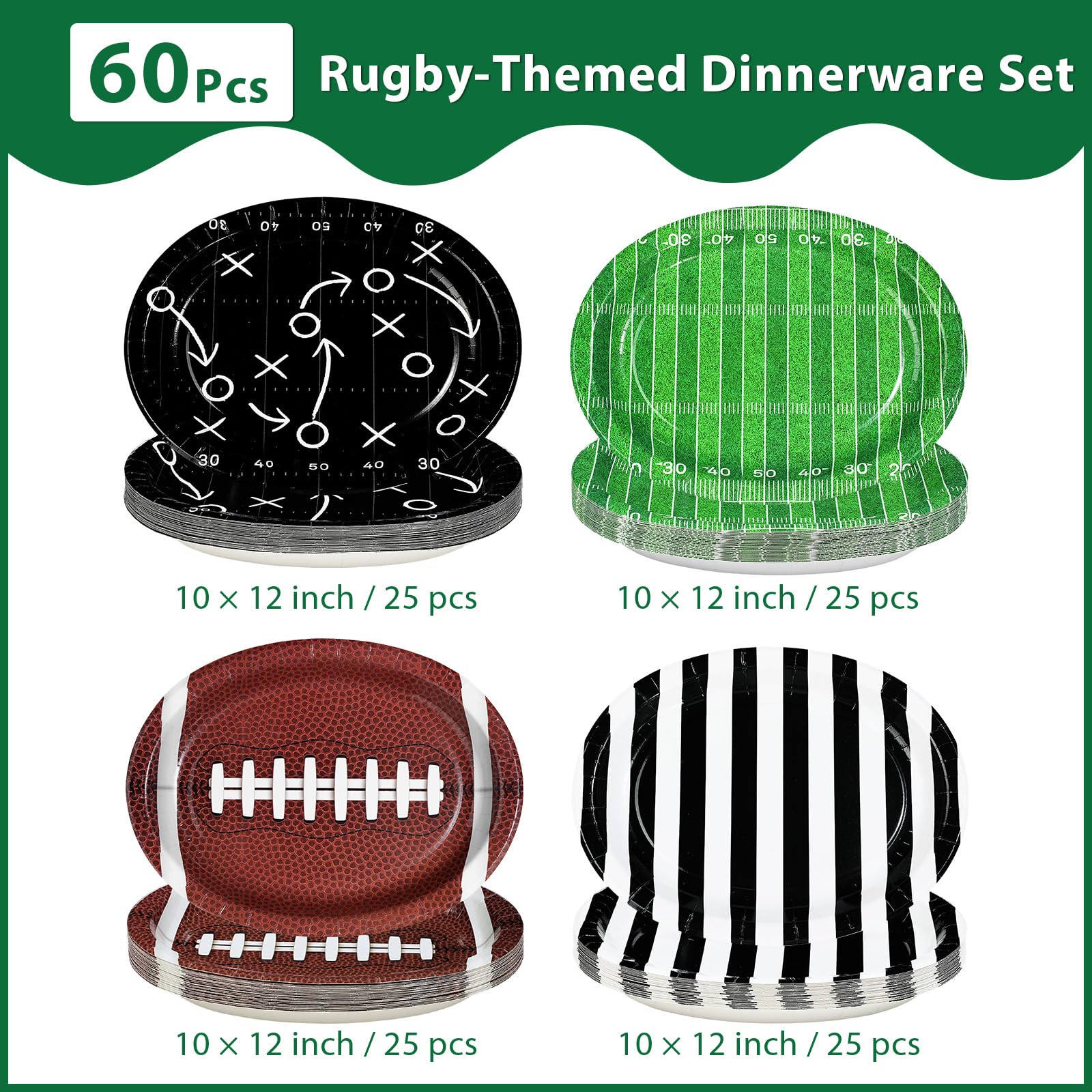 100 Pcs 4-Pattern Football Oval Party Paper Plates - Grencian