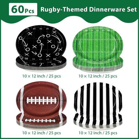 100 Pcs 4-Pattern Football Oval Party Paper Plates - Grencian