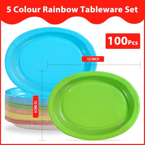 100 Pcs 5 Classic Colors Oval Party Paper Plates - Grencian
