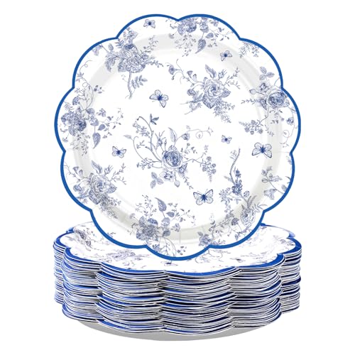 100 Pcs 7-inch Blue Floral Party Paper Plates - Grencian