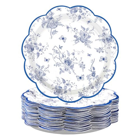 100 Pcs 7-inch Blue Floral Party Paper Plates - Grencian