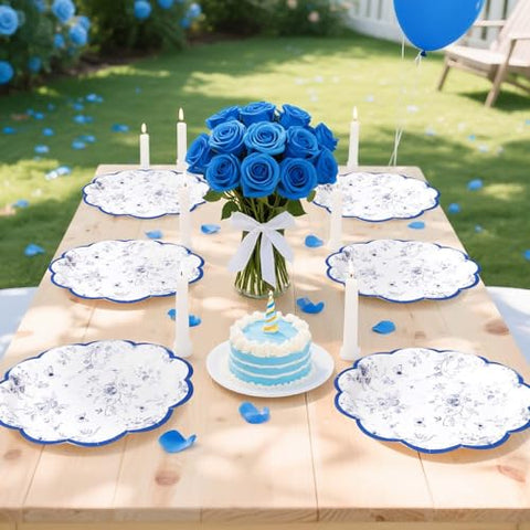 100 Pcs 7-inch Blue Floral Party Paper Plates - Grencian