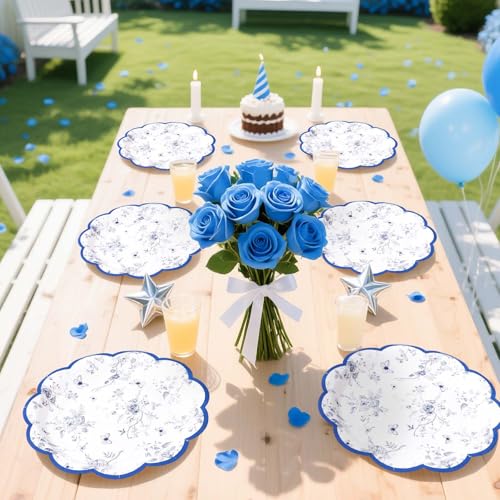 100 Pcs 7-inch Blue Floral Party Paper Plates - Grencian