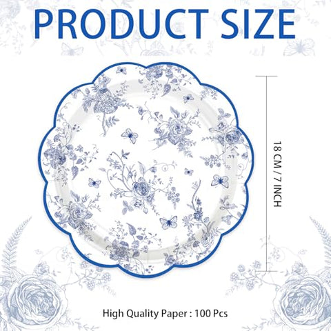 100 Pcs 7-inch Blue Floral Party Paper Plates - Grencian