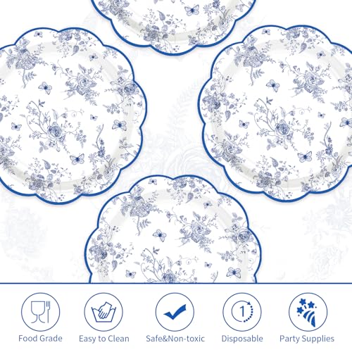 100 Pcs 7-inch Blue Floral Party Paper Plates - Grencian