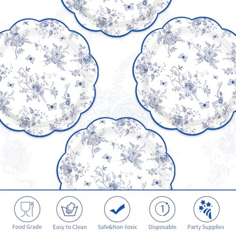 100 Pcs 7-inch Blue Floral Party Paper Plates - Grencian