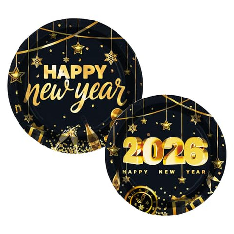 100 Pcs 9" and 7" Black Gold 2026 Party Paper Plates - Grencian