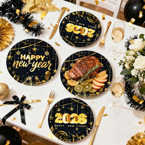 100 Pcs 9" and 7" Black Gold 2026 Party Paper Plates - Grencian