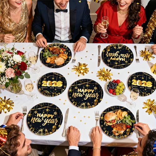 100 Pcs 9" and 7" Black Gold 2026 Party Paper Plates - Grencian