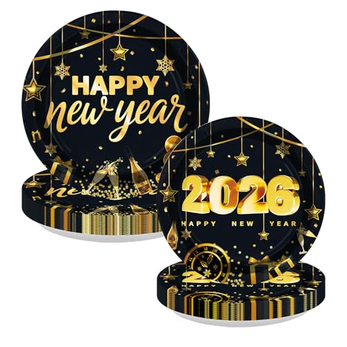 100 Pcs 9" and 7" Black Gold 2026 Party Paper Plates - Grencian