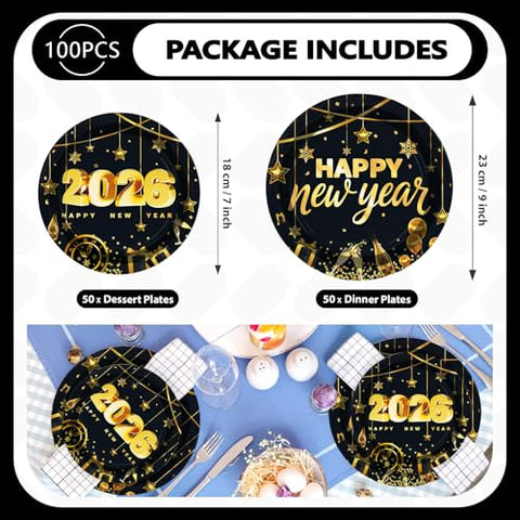 100 Pcs 9" and 7" Black Gold 2026 Party Paper Plates - Grencian