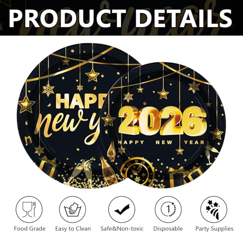 100 Pcs 9" and 7" Black Gold 2026 Party Paper Plates - Grencian
