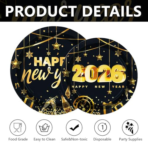 100 Pcs 9" and 7" Black Gold 2026 Party Paper Plates - Grencian