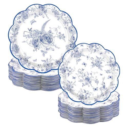 100 Pcs 9" and 7" Blue Floral Party Paper Plates - Grencian
