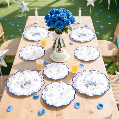 100 Pcs 9" and 7" Blue Floral Party Paper Plates - Grencian
