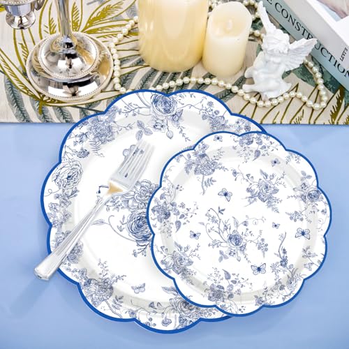 100 Pcs 9" and 7" Blue Floral Party Paper Plates - Grencian