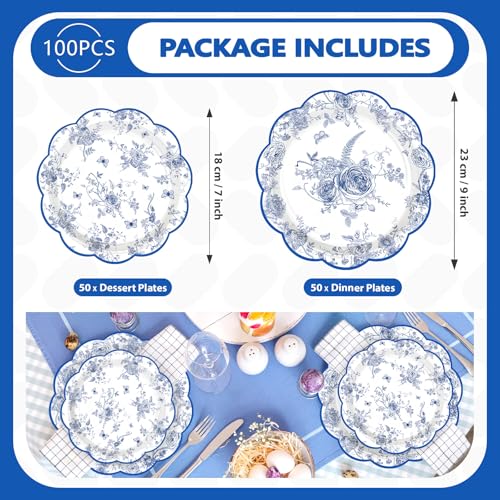 100 Pcs 9" and 7" Blue Floral Party Paper Plates - Grencian