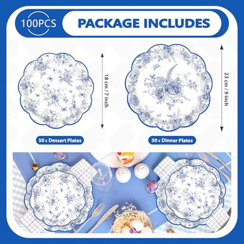 100 Pcs 9" and 7" Blue Floral Party Paper Plates - Grencian