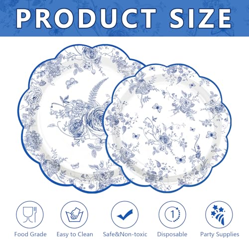 100 Pcs 9" and 7" Blue Floral Party Paper Plates - Grencian
