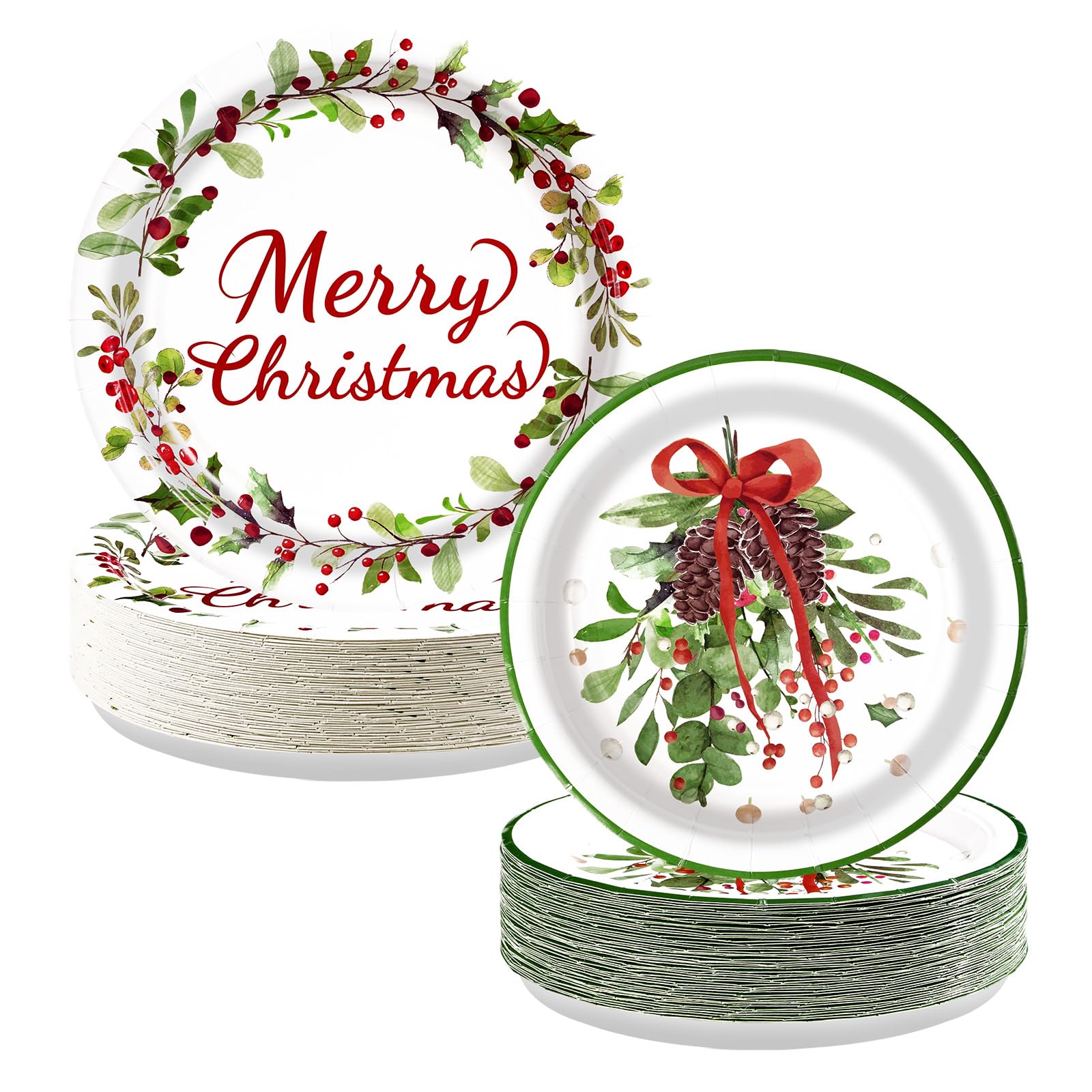 100 Pcs 9" and 7" Christmas Mistletoe Party Paper Plates - Grencian