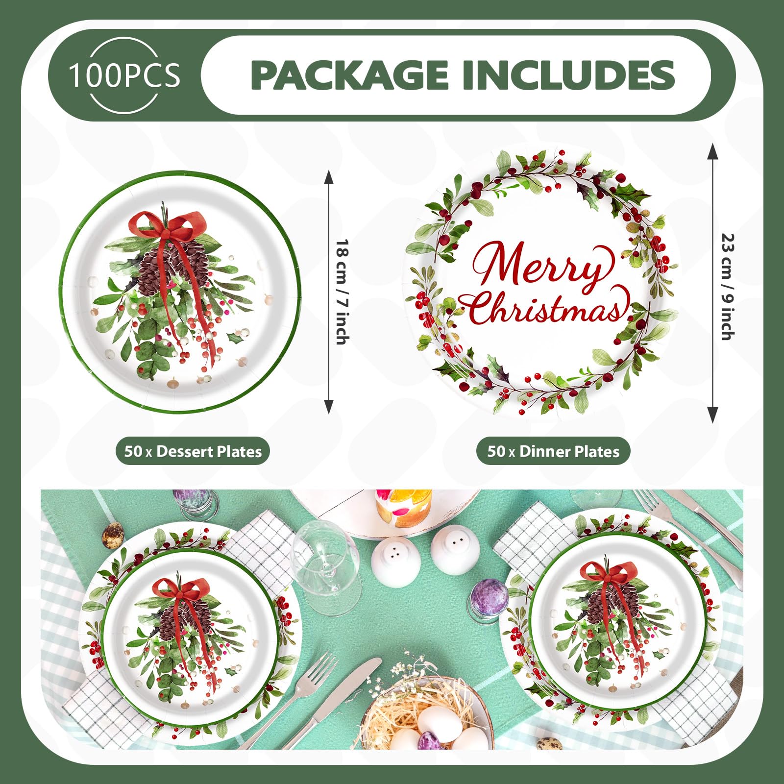 100 Pcs 9" and 7" Christmas Mistletoe Party Paper Plates - Grencian