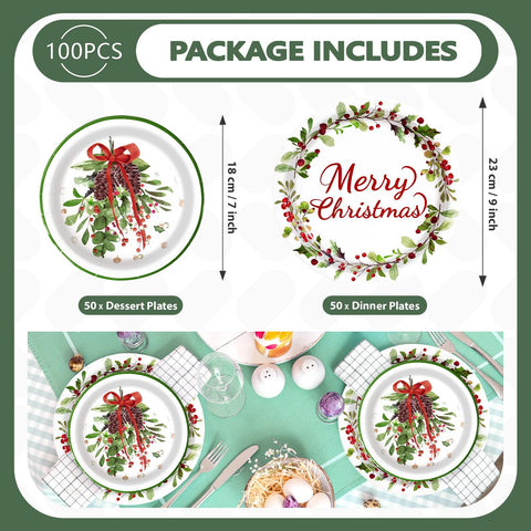 100 Pcs 9" and 7" Christmas Mistletoe Party Paper Plates - Grencian