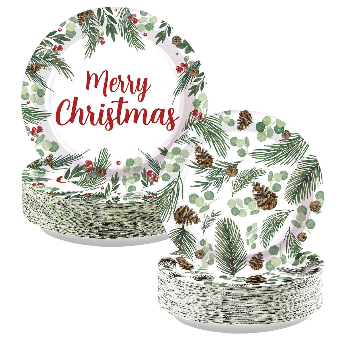 100 Pcs 9" and 7" Christmas Pine Party Paper Plates - Grencian