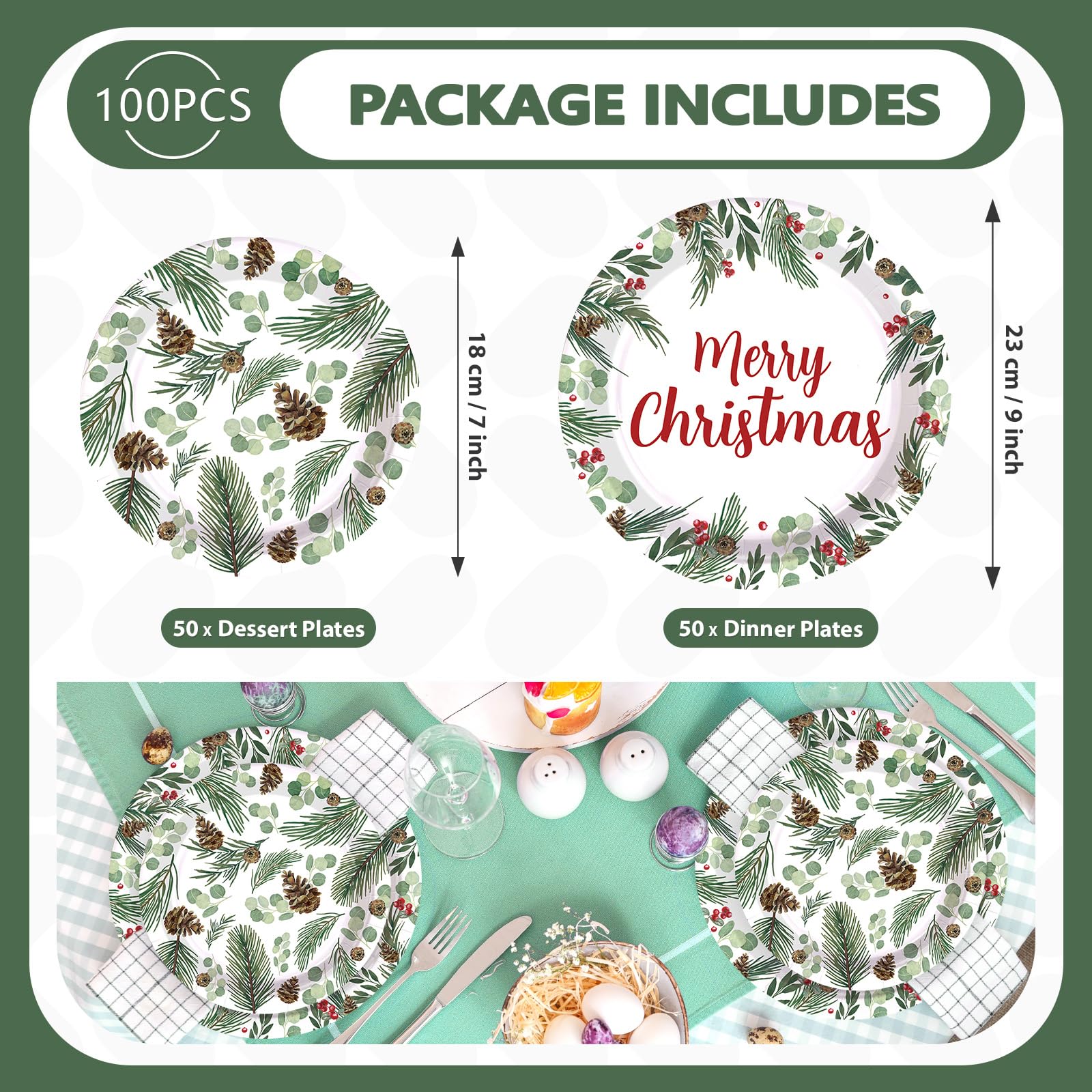 100 Pcs 9" and 7" Christmas Pine Party Paper Plates - Grencian