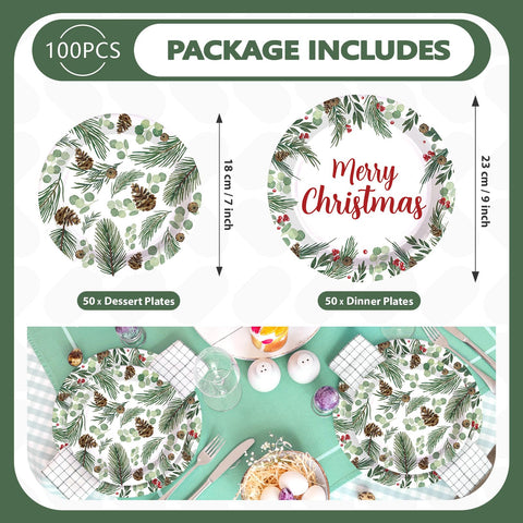 100 Pcs 9" and 7" Christmas Pine Party Paper Plates - Grencian