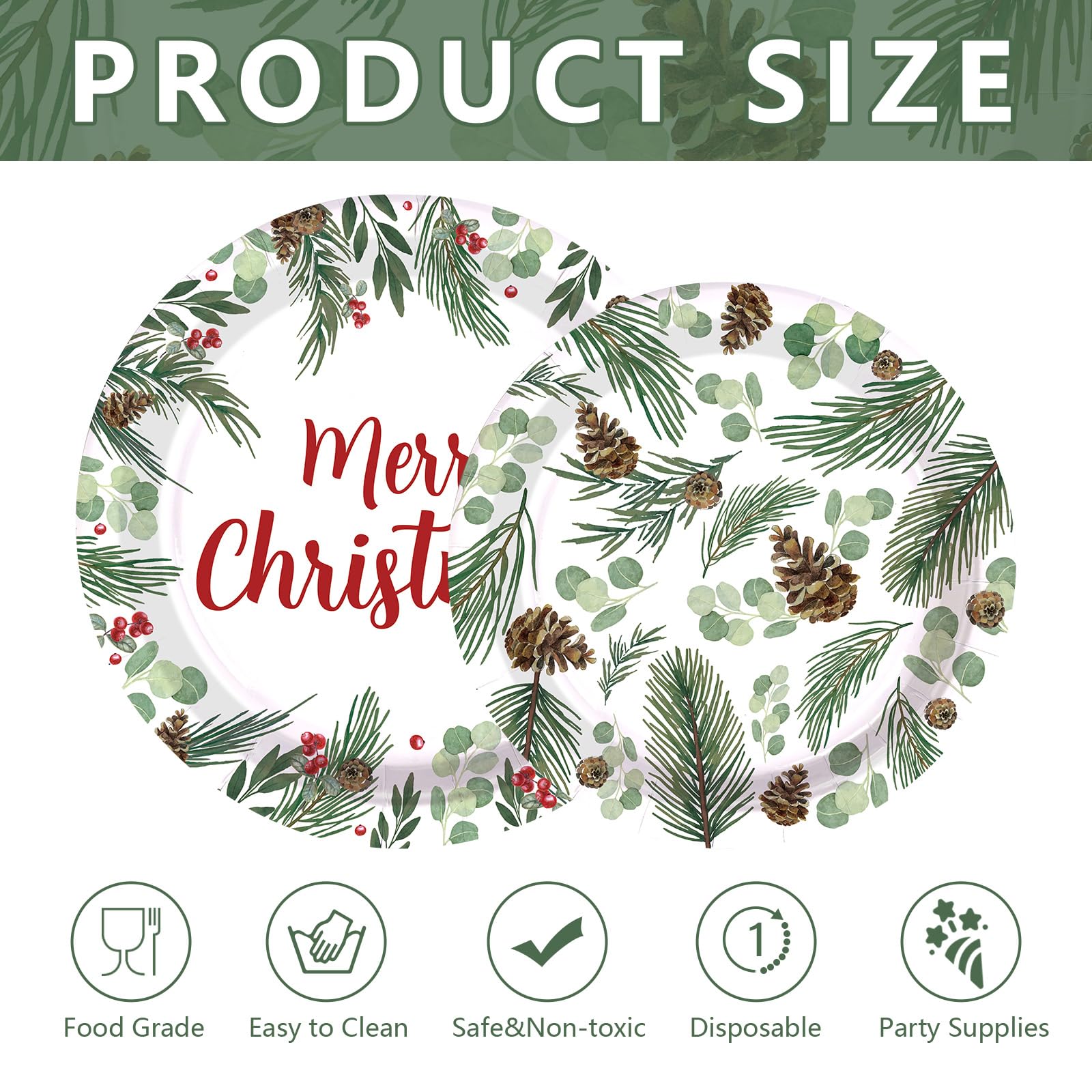 100 Pcs 9" and 7" Christmas Pine Party Paper Plates - Grencian