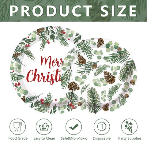 100 Pcs 9" and 7" Christmas Pine Party Paper Plates - Grencian
