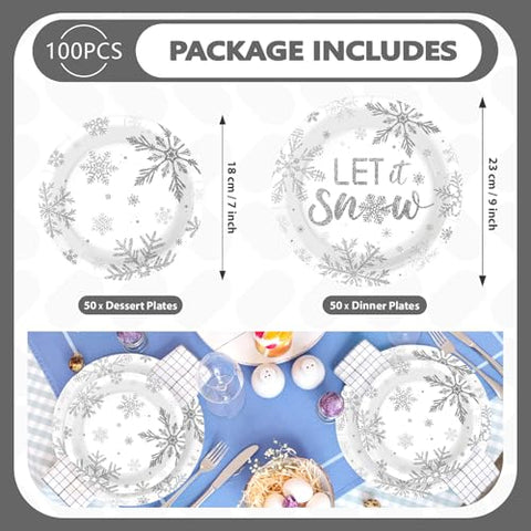 100 Pcs 9" and 7" Christmas Snowflake Party Paper Plates - Grencian