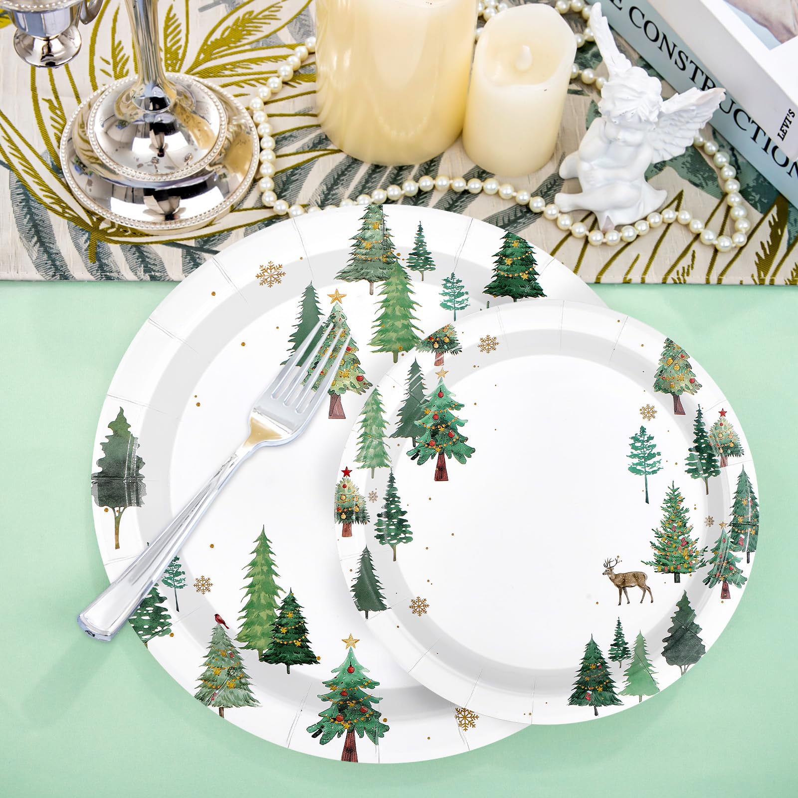 100 Pcs 9" and 7" Christmas Tree Party Paper Plates - Grencian