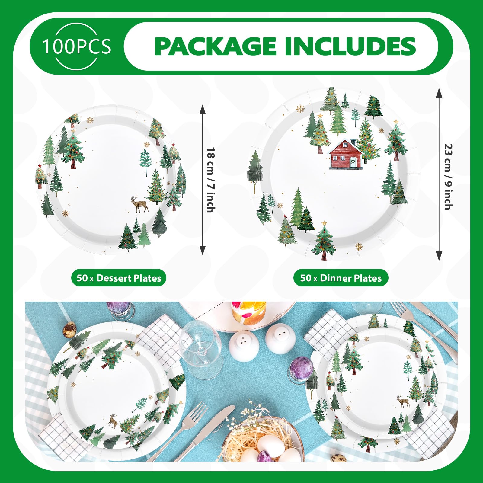 100 Pcs 9" and 7" Christmas Tree Party Paper Plates - Grencian