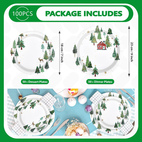 100 Pcs 9" and 7" Christmas Tree Party Paper Plates - Grencian