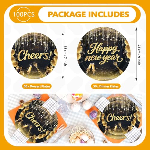 100 Pcs 9" and 7" Happy New Year Party Paper Plates - Grencian