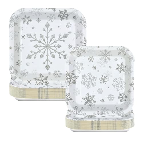 100 Pcs 9" and 7" Silver Snowflake Square Paper Plates - Grencian