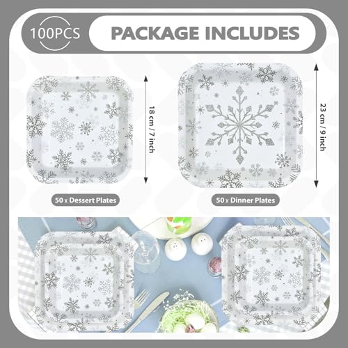 100 Pcs 9" and 7" Silver Snowflake Square Paper Plates - Grencian