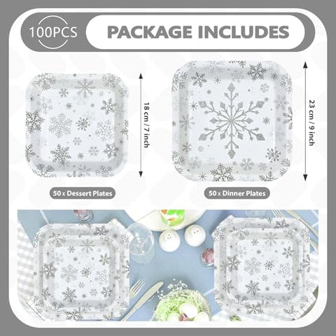 100 Pcs 9" and 7" Silver Snowflake Square Paper Plates - Grencian