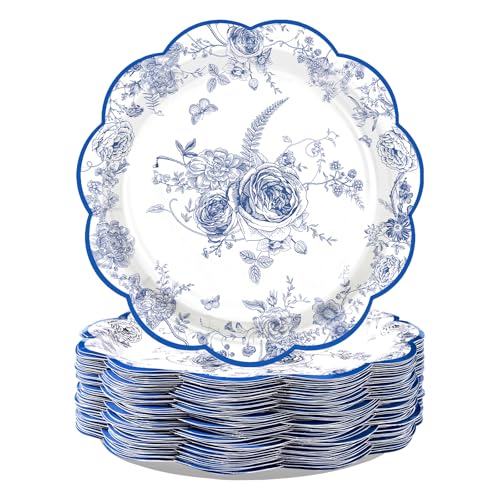 100 Pcs 9-inch Blue Floral Party Paper Plates - Grencian