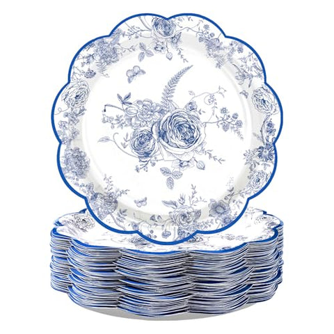 100 Pcs 9-inch Blue Floral Party Paper Plates - Grencian
