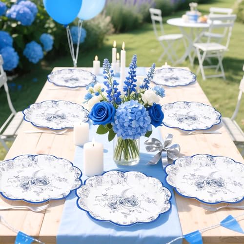 100 Pcs 9-inch Blue Floral Party Paper Plates - Grencian